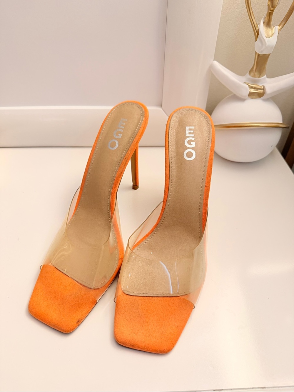 EGO Orange Suede Clear-Strap Stiletto Heels